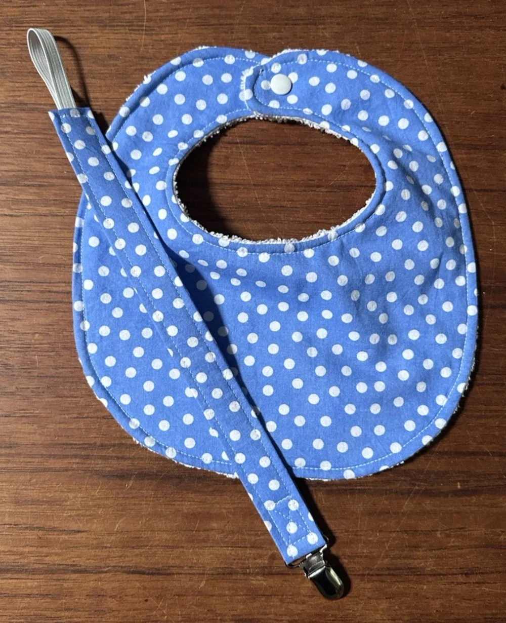 Handmade Baby Bib Gift Set Bib & Pacifier Clip Blue White Polka Dot